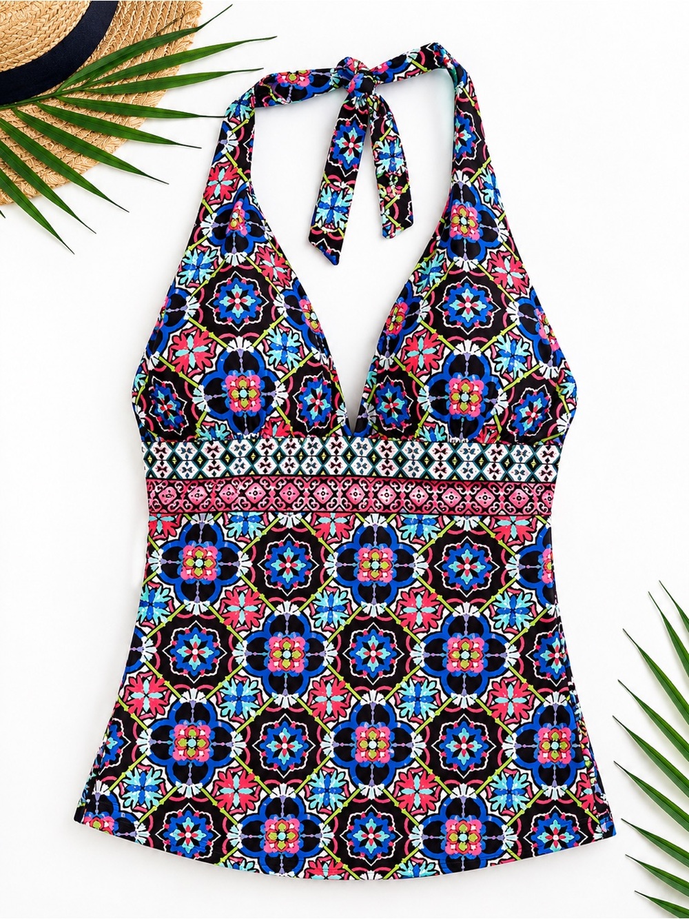 La Blanca Floral Geometric Halter Tankini Top Size 8 Padded Swim Multicolor